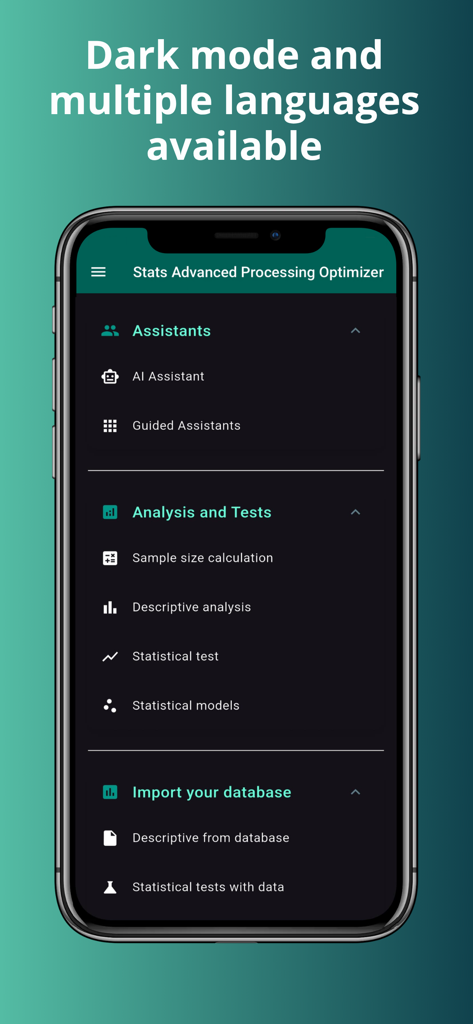 SAPO: AI Statistical assistant - Main menu of the SAPO AI Statistical Assistant app in dark mode showing various data analysis and research tools