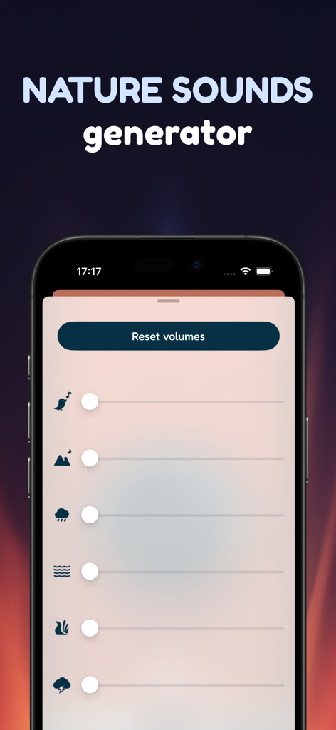Delta Waves+ Sleep Now - Interface do gerador de sons da natureza do aplicativo Delta Waves Plus com controles deslizantes de volume para sons ambientes de sono e relaxamento