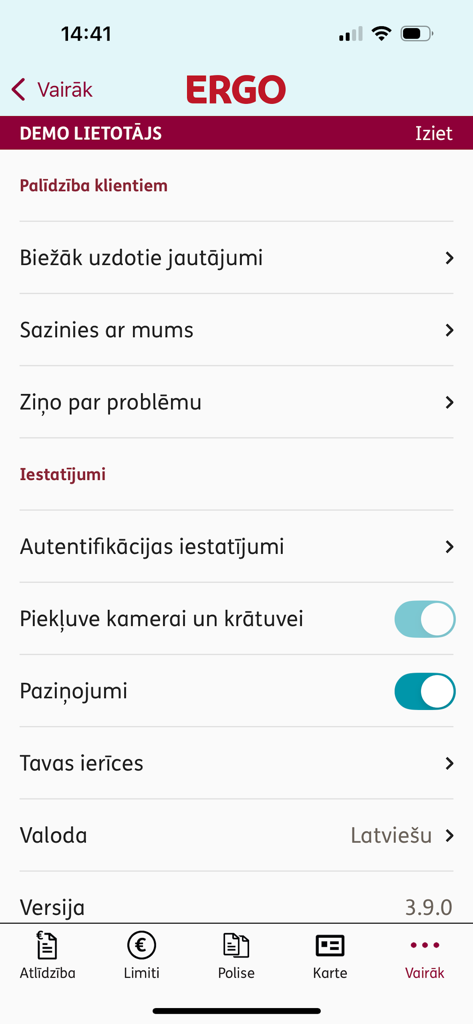 ERGO Latvija - Settings menu of the ERGO Latvija app showing customer support options and notification toggles