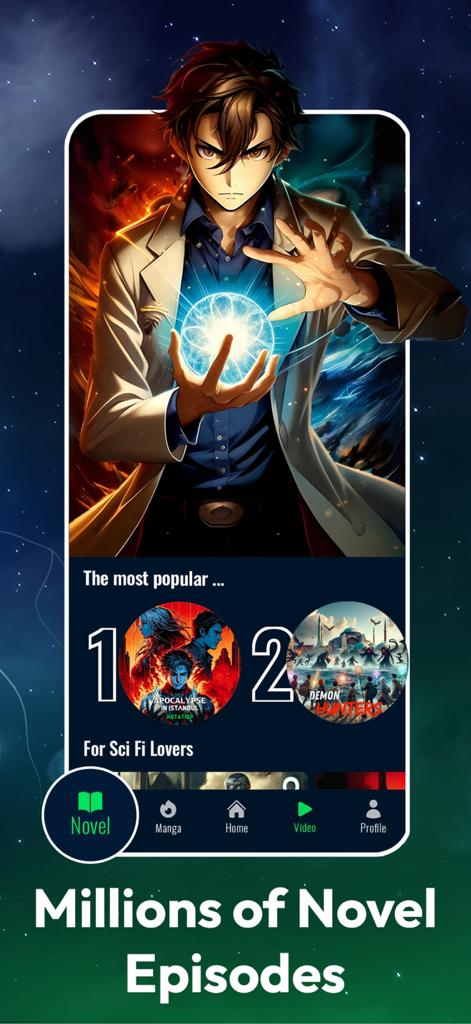 clickia - Clickia app interface showcasing millions of novel episodes and popular anime content