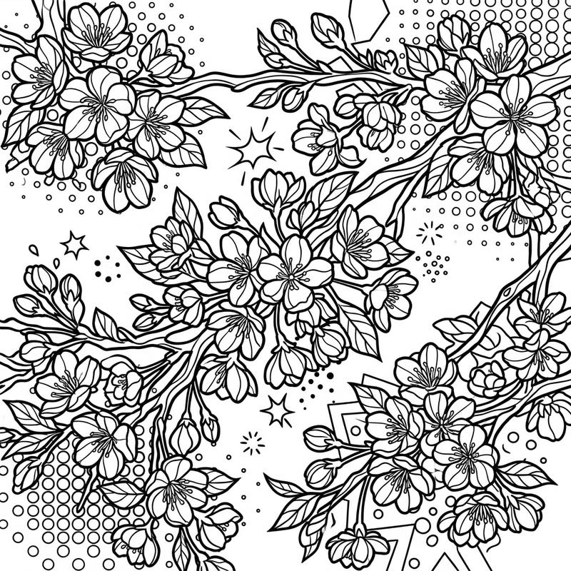 This Pop Art Cherry Blossoms coloring page blends delicate floral beauty with a bold, graphic aesthetic. Unleash your creativity on these striking outlines and playful patterns, perfect for a modern coloring experience.