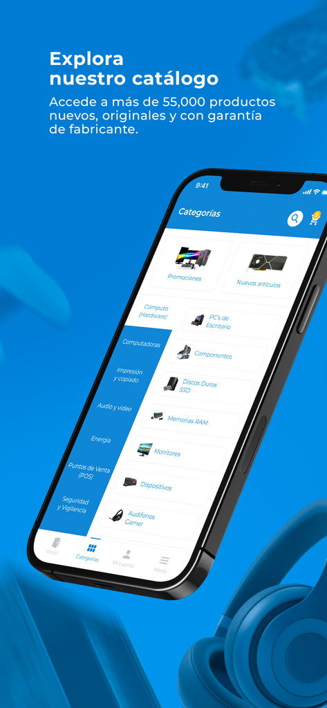 Cyberpuerta mobile app showing technology product categories like hardware and computers