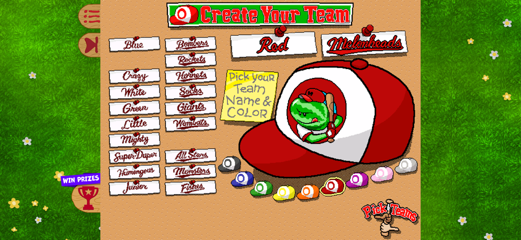Backyard Baseball '97 - Team creation menu in Backyard Baseball 97 showing options for team names and cap colors