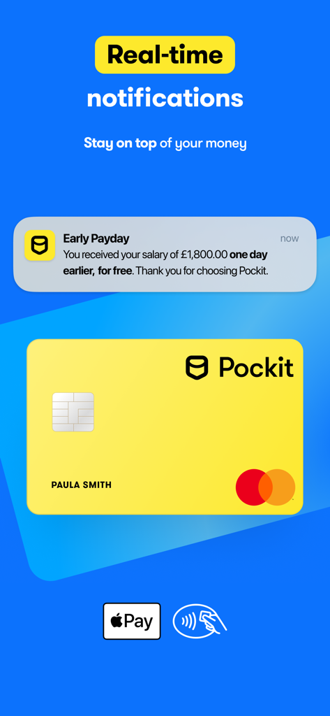 Pockit app screenshot showing an early payday notification and a yellow Mastercard
