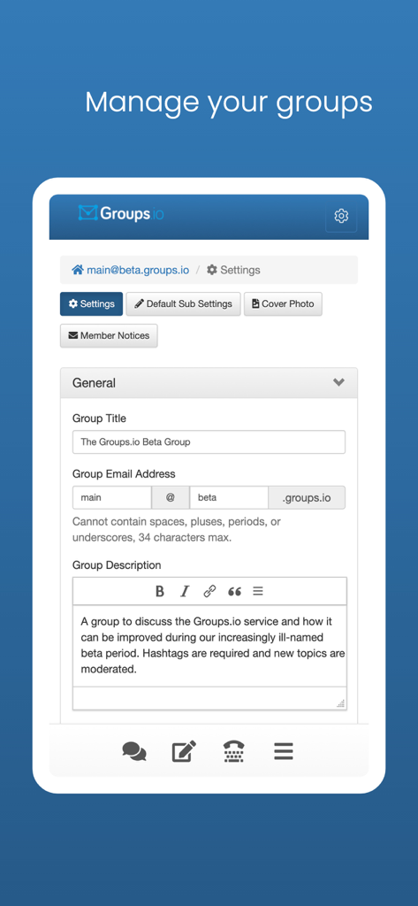 A screenshot of the Groups.io app showing the manage groups interface with settings for group title email and description.