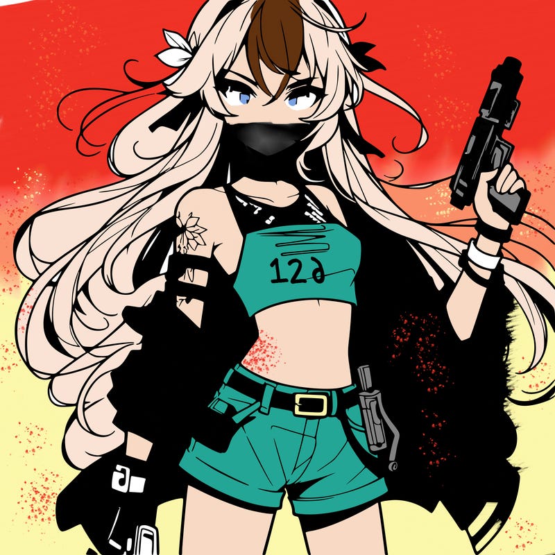 bad girl wearing crop top holding a gun long hair anime