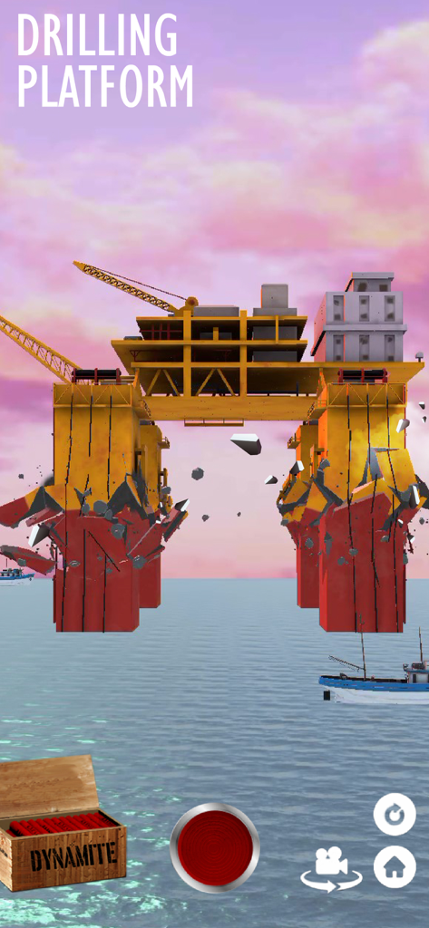 A drilling platform being destroyed with dynamite in the Fake Island Demolish game.