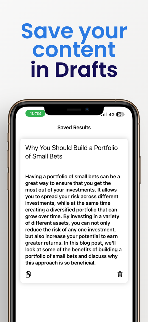 iPhone screen showing the drafts and saved results section of the Undetectable AI app.