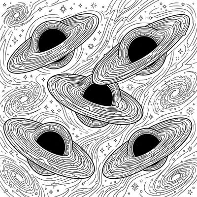 Unravel the cosmic enigma with this intricate coloring page featuring dormant black holes. Immerse yourself in a stellar landscape of swirling galaxies and celestial bodies, perfect for mindful coloring.