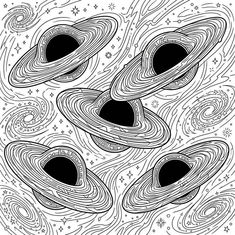 Unravel the cosmic enigma with this intricate coloring page featuring dormant black holes. Immerse yourself in a stellar landscape of swirling galaxies and celestial bodies, perfect for mindful coloring.