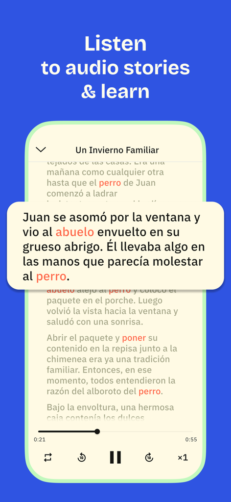 Karteto: Vocabulary Flashcards - Karteto app interface displaying an audio story in Spanish with highlighted vocabulary words for language immersion.
