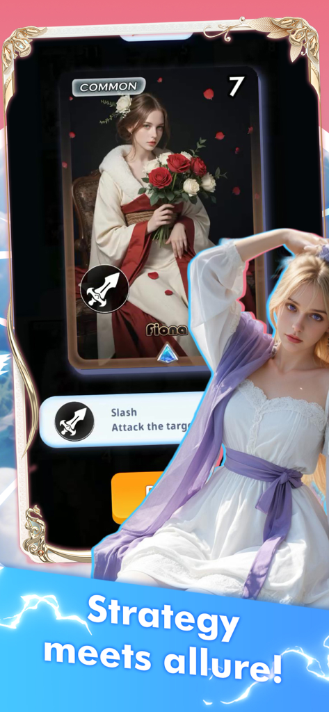 Card Queen:Duel - Tela de jogabilidade de Card Queen Duel com uma carta comum Fiona e uma bela ilustração de personagem com o slogan "Estratégia encontra o encanto"