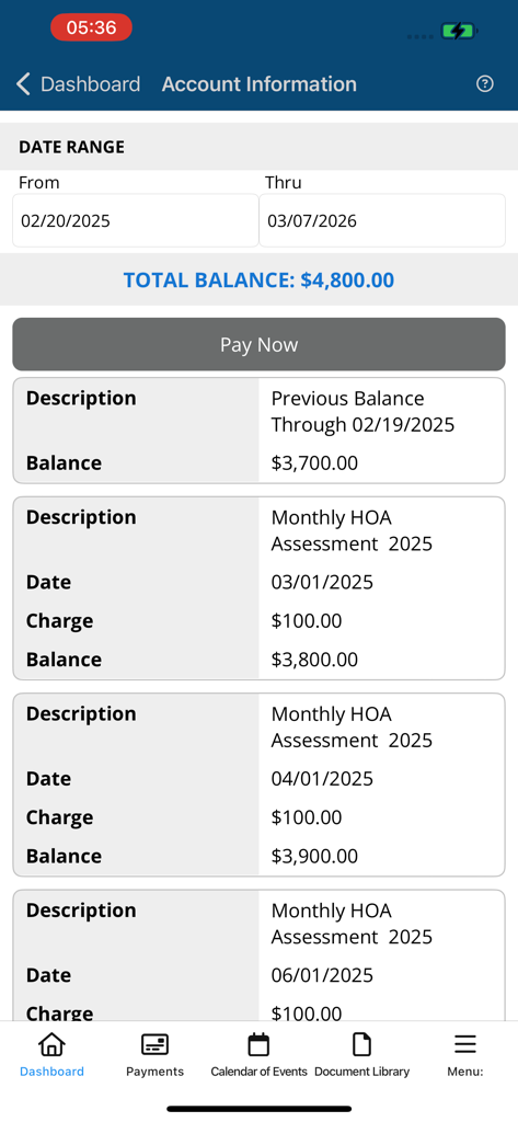 Keystone Connection - Keystone Connection app interface displaying homeowner account information and monthly HOA assessment history