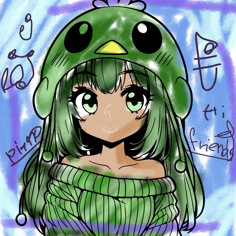 anime girl with chick shaped hat with sweater with bare shoulders with bangs covering them one eye with low tail