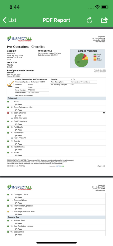 InspectAll - A detailed PDF safety inspection report in the InspectAll app showing a pre-operational checklist and a priority pie chart.