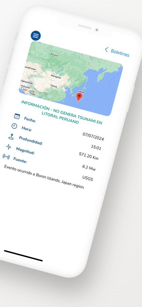 MGP Tsunamis - A seismic report on the MGP Tsunamis app showing earthquake data for Japan and its impact on the Peruvian coast.