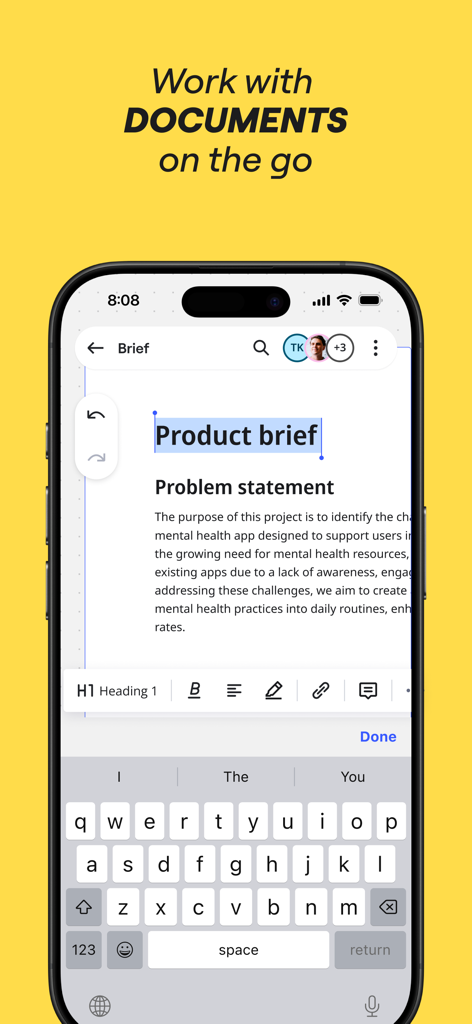 Interface do aplicativo móvel Miro mostrando um briefing de produto sendo editado em um iPhone