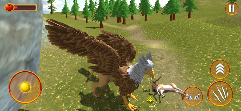 Griffin Life Simulator Game - A griffin standing over a deer in a grassy field with 3D game interface.