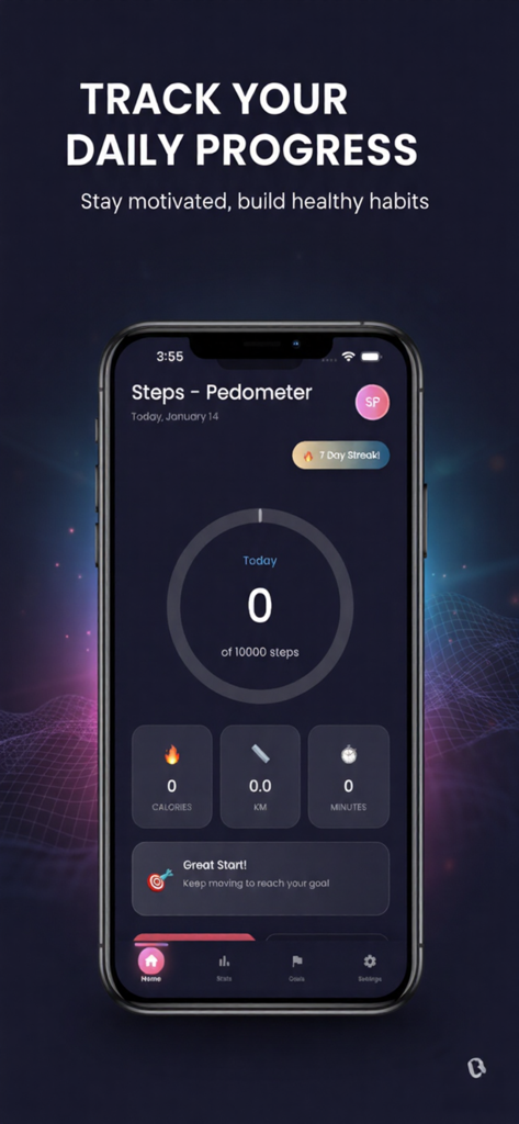 Steps - Pedometer - Steps Pedometer app dashboard showing daily step progress calories and distance tracking