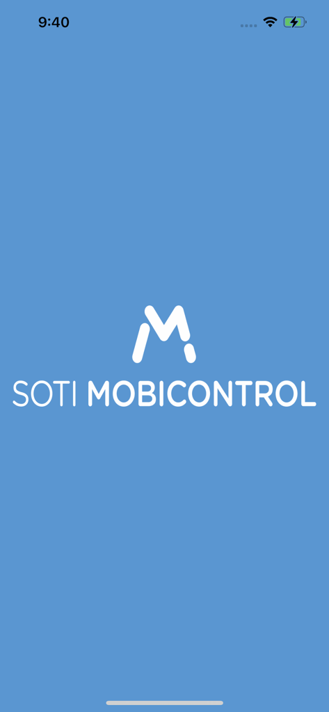 Pantalla de inicio de SOTI MobiControl mostrando el logotipo de la empresa sobre un fondo azul sólido