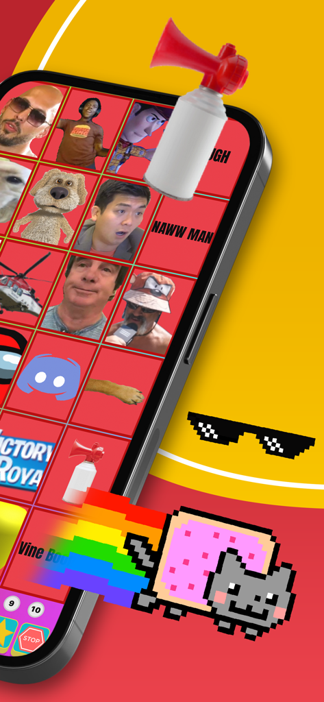 A colorful smartphone interface for the Meme Soundboard app featuring icons of viral internet memes and characters