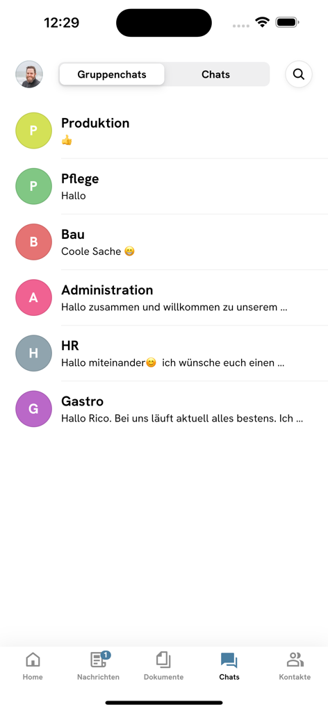 StaffApp - Mobile screen of StaffApp showing departmental group chats for employees