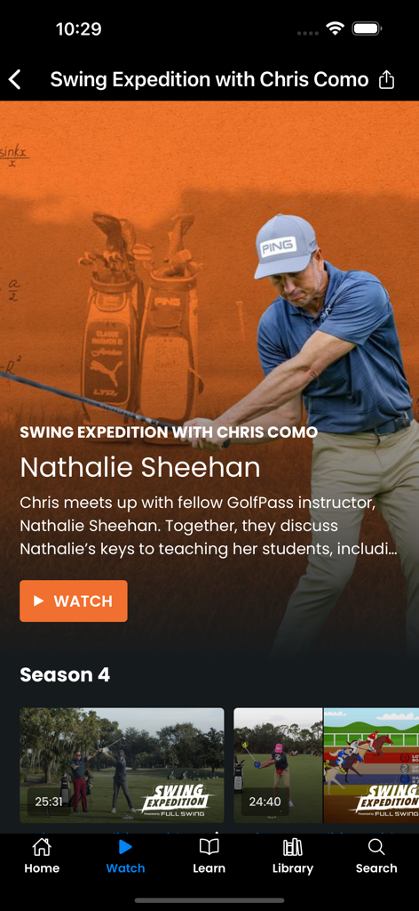 GolfPass - Screenshot of the GolfPass app featuring the Swing Expedition series with Chris Como and golf instruction videos.