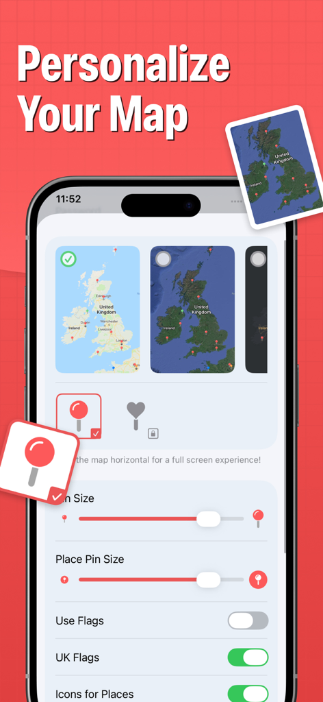 Interface showing map personalization options including different map styles, pin sizes, and toggle switches for flags and icons.