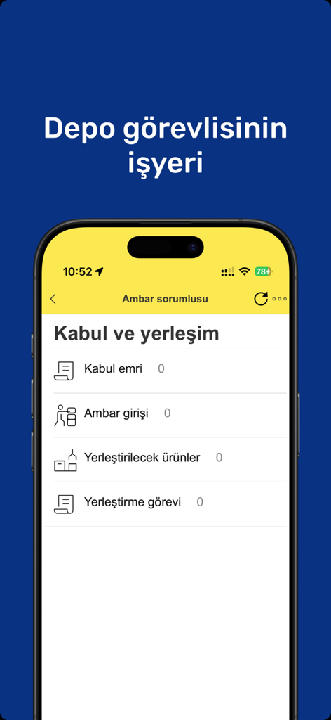 1C:ERP TE - Painel móvel para gerenciamento de armazém no aplicativo 1C:ERP TE com tarefas de recepção e alocação