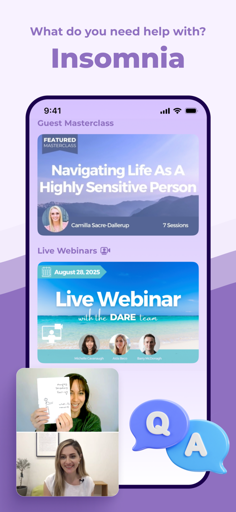 Dare: Panic & Anxiety Relief - 不安と不眠解消のためのゲストマスタークラスとライブウェビナーを表示するDareアプリのスクリーンショット