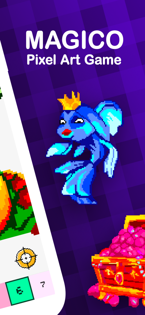 Magico: Fun Pixel Art Coloring - A blue pixel art fish with a gold crown and a treasure chest in the Magico coloring game interface