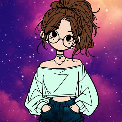 girl with a messy ponytail glasses a baggy crop top and jean shorts