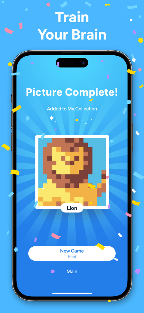 Un puzle completado de león de pixel art en el juego de lógica Nonogram Color en la pantalla de un smartphone.