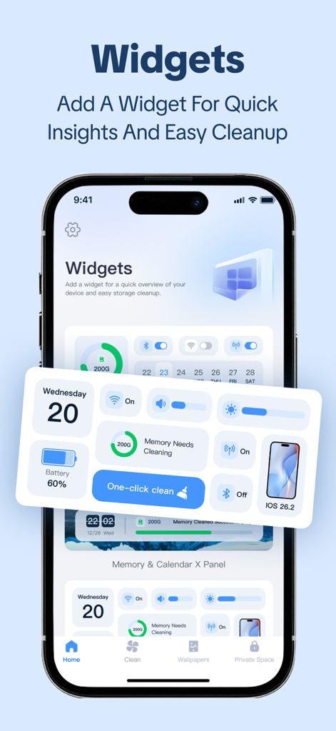 AI Storage Cleaner：Free Up - Interfaz de la aplicación móvil que muestra widgets personalizables para la limpieza de almacenamiento y el monitoreo del estado del dispositivo