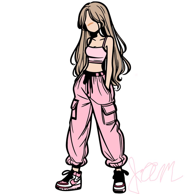 girl in baggy pants crop top and long hair