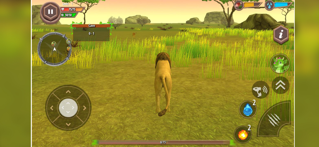 Beast Lion Animal Simulator 3D - Third person view of a lion in a 3D savanna environment with mobile game UI controls and survival status bars