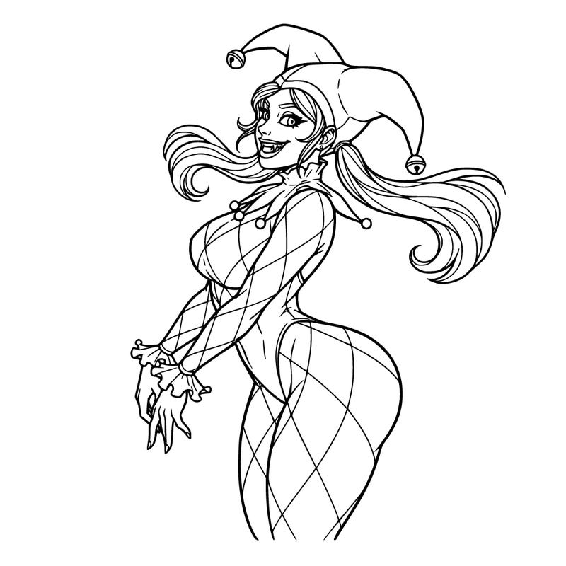 make a very pretty curvy female jester with siren like eyes and a smile with fangs