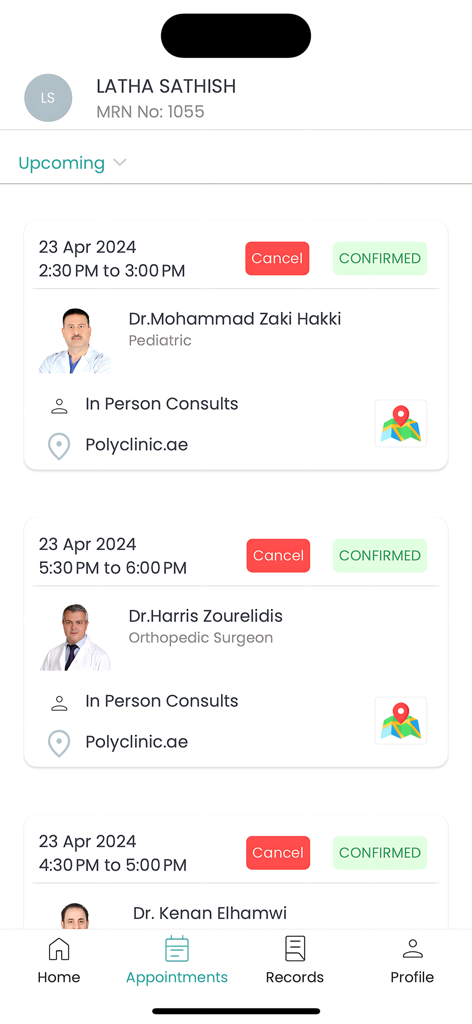 List of confirmed upcoming medical appointments in the Polyclinic.ae app including doctor names and session times.