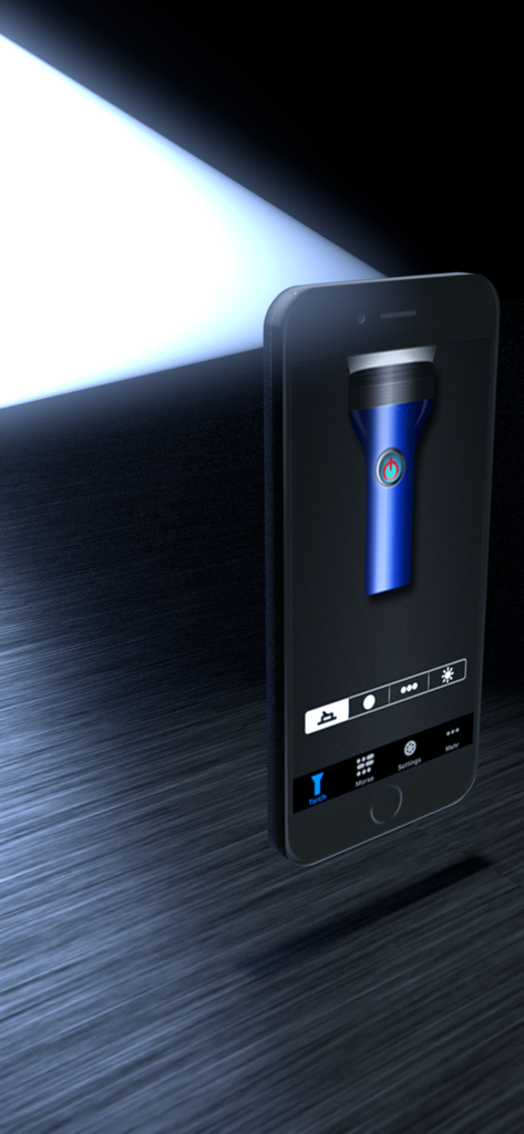 Flashlight & Morse Utility - 青い懐中電灯と光線が表示された懐中電灯＆モールス信号ユーティリティアプリのインターフェイスを示すiPhone