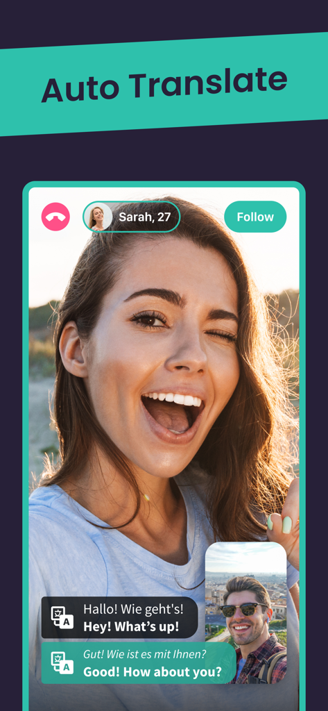 Livejoy - A video call interface on the Livejoy app showing the real time auto translation feature between two users