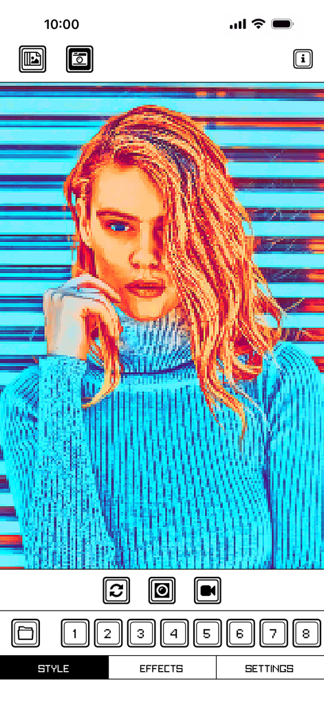 Un retrato de una mujer con un estilo de pixel art retro y colorido aplicado dentro de la interfaz de la aplicación