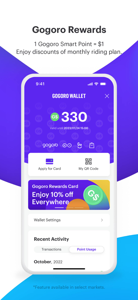 Gogoro® - Gogoro app screenshot displaying the Gogoro Wallet with Smart Points balance and reward options.