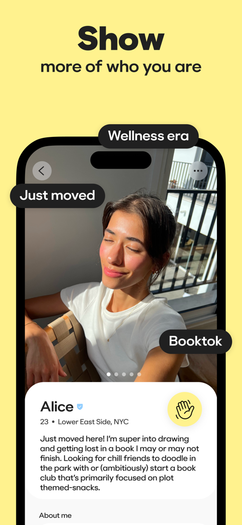 BFF: Make Friends. By Bumble. - User profile on the Bumble BFF app showing Alice 23 in NYC with interest tags for Booktok and Wellness era