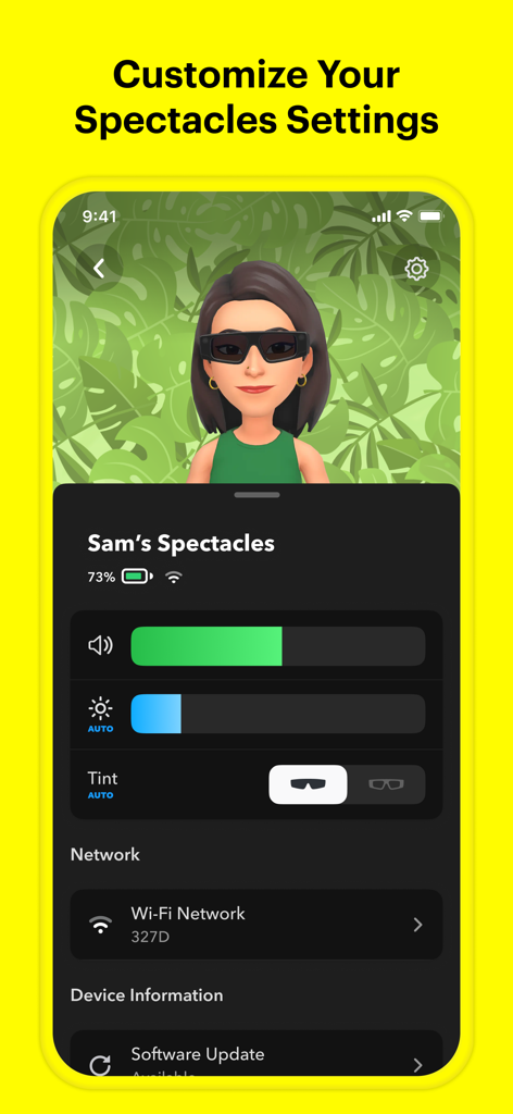 Spectacles by Snap Inc. - Interface of the Spectacles by Snap Inc app showing customization settings for volume brightness tint and device info
