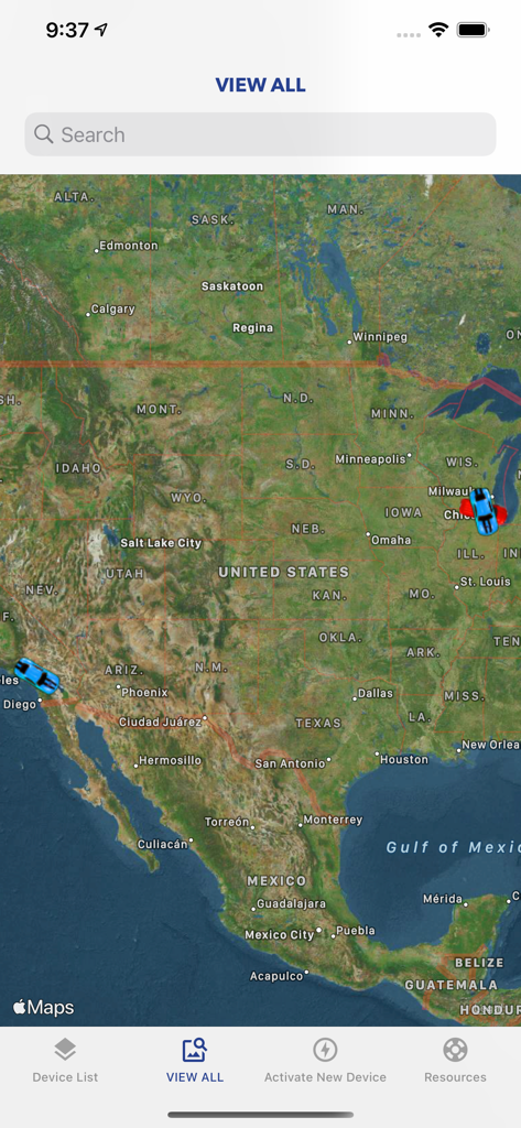 SilverCloud - Satellite map view showing real time vehicle tracking locations across North America in the SilverCloud app