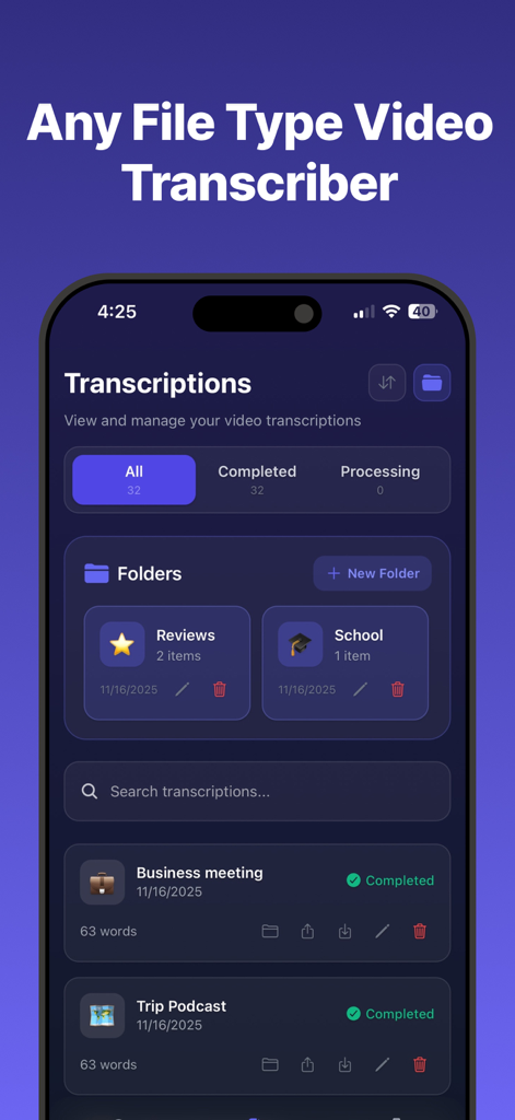 Transcribe Video to Text: Vid2 - 비즈니스 회의 및 팟캐스트를 위한 정리된 폴더와 완료된 동영상 텍스트 전사본을 보여주는 Vid2 모바일 앱 대시보드