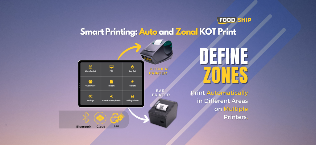 Foodship POS - Foodship POS interface showing automated zonal printing to kitchen and bar printers