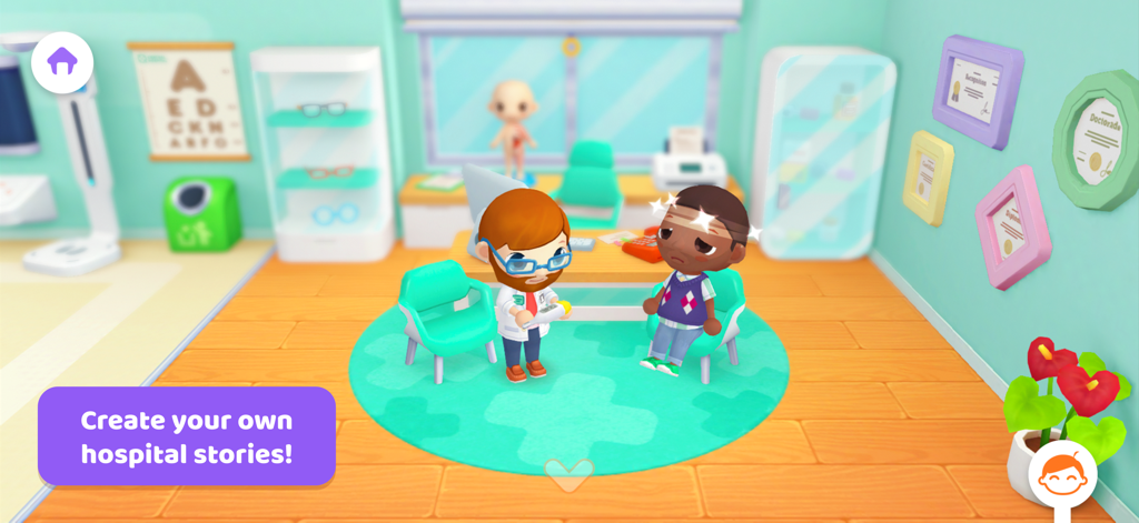 Central Hospital Stories - Un dottore in versione cartone animato che esamina un paziente stordito in una colorata sala di consultazione medica.