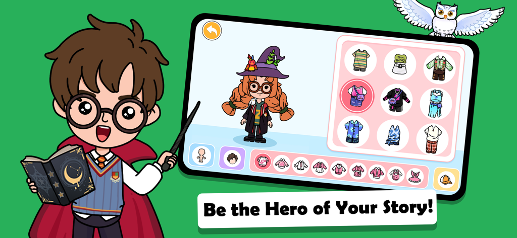 A character customization screen in YoYa Busy Life World featuring wizard and witch outfits with the slogan Be the Hero of Your Story.