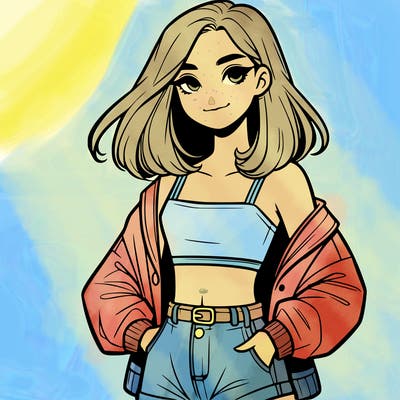 a realistic girl with a crop top and short shorts in an open jacket